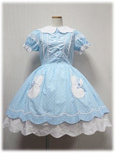 The bunny pocket OP in the sax colourway. It has bunny face shaped pockets on the skirt, corset lacing on the bodice and a scalloped double hem.