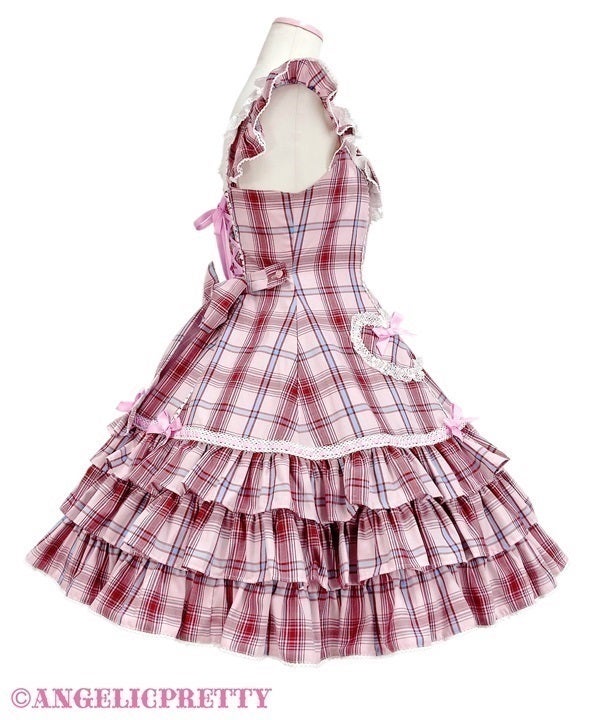 Macaron Tartan Low Waist JSKリボンカチューシャ付き Tartan Check Shoulder Ribbon JSK (2018) by Angelic Pretty