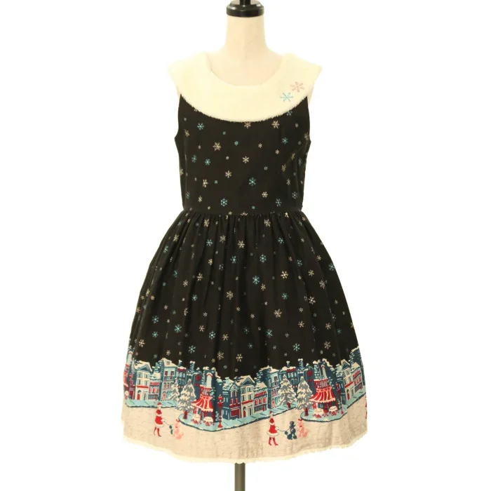 シノワズリJSK Snow Town Pattern Fur Collar JSK by Shirley Temple