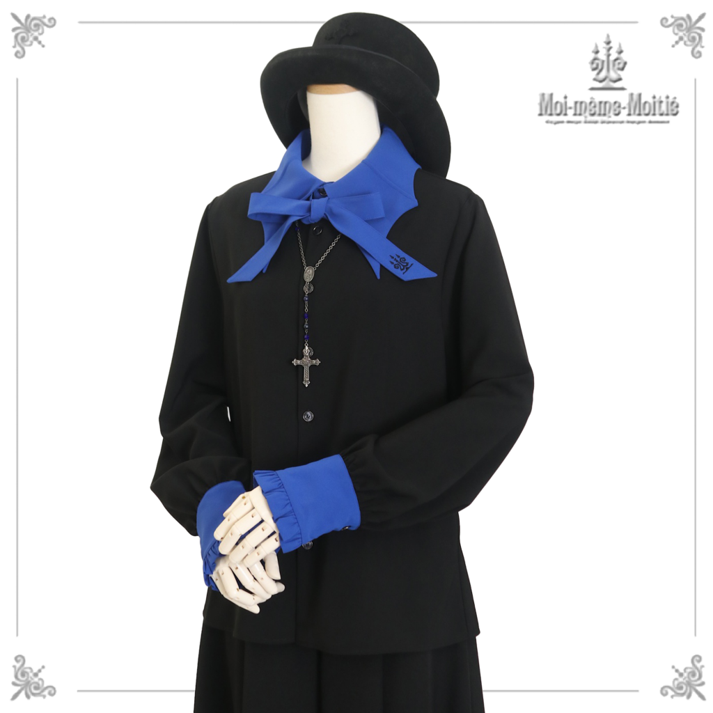Moi-meme-Moitie/燈台刺繍リボンタイブラウス黒×青 Candelabra Embroidered Ribbon Tie by Moi-même-Moitié