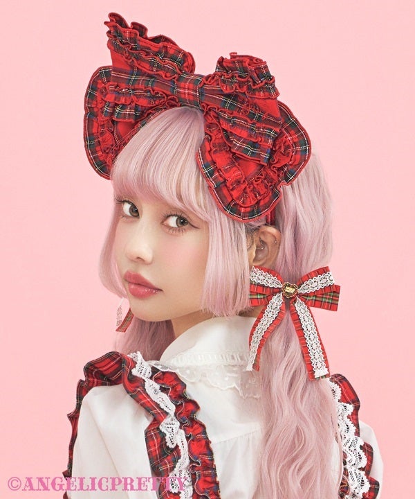 Un Birthday jsk、カチューシャ、Rosy Ribbonベレー Logo Embroidery Frill Ribbon Head Bow (Tartan) by Angelic Pretty