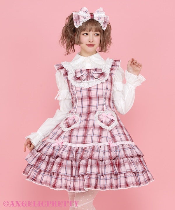 Macaron Tartan Low Waist JSKリボンカチューシャ付き Tartan Check Shoulder Ribbon JSK (2018) by Angelic Pretty
