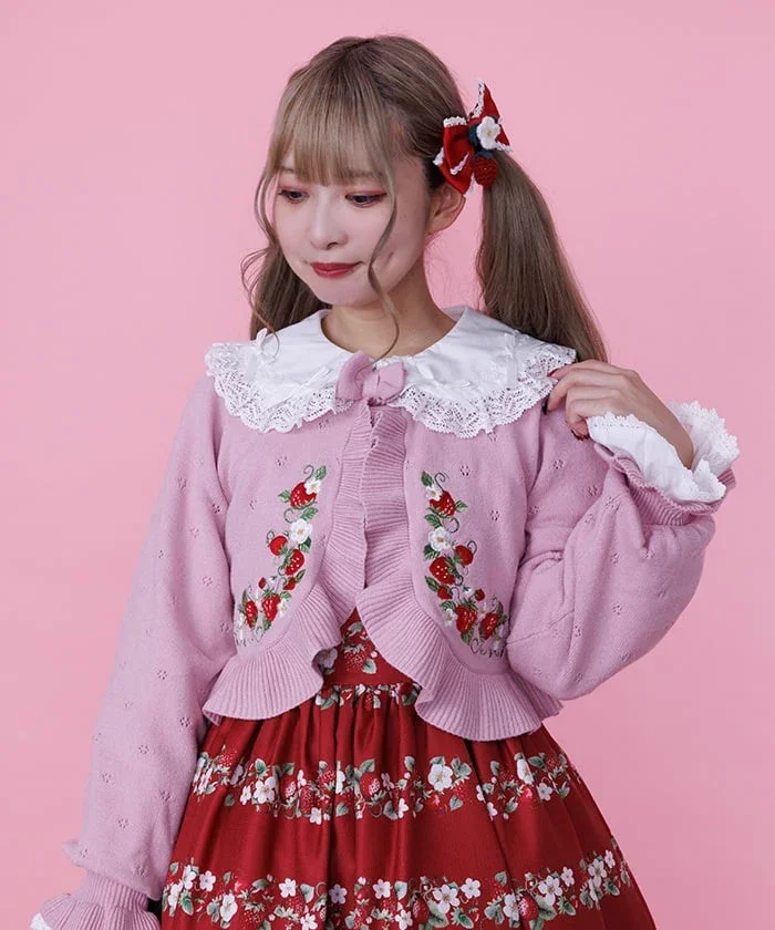 axes femme Chalmiereいちご刺繍ニットボレロ（ピンク） Chalmiere ~ Strawberry Embroidery Knit Bolero by Axes Femme
